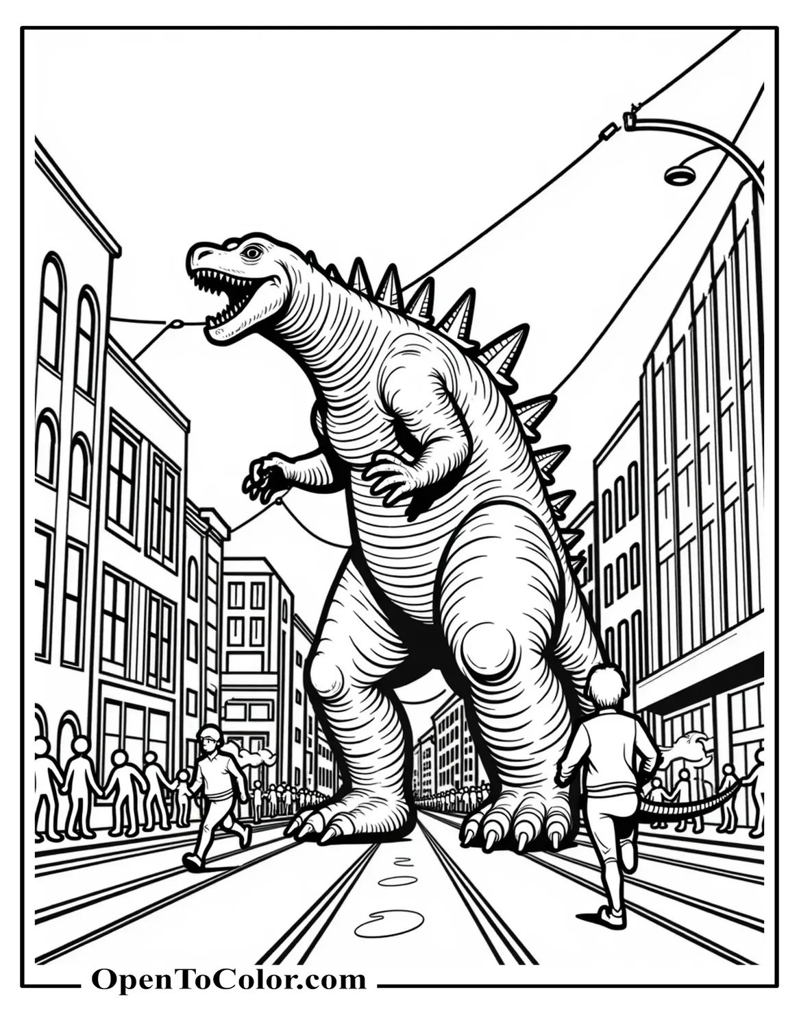 Playful Godzilla Balancing A City Bus On His Nose Like A Sea Lion Coloring Page PDF