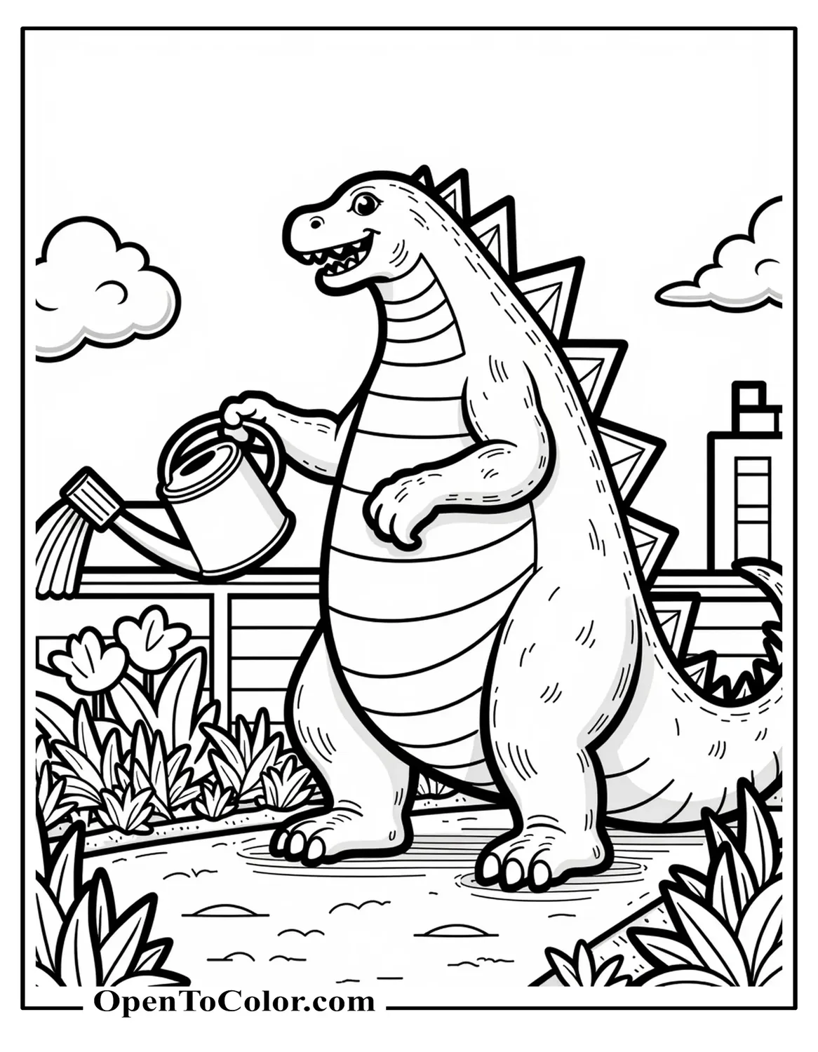 Cartoonish Godzilla Watering A Rooftop Garden With A Giant Watering Can Coloring Sheet Printable