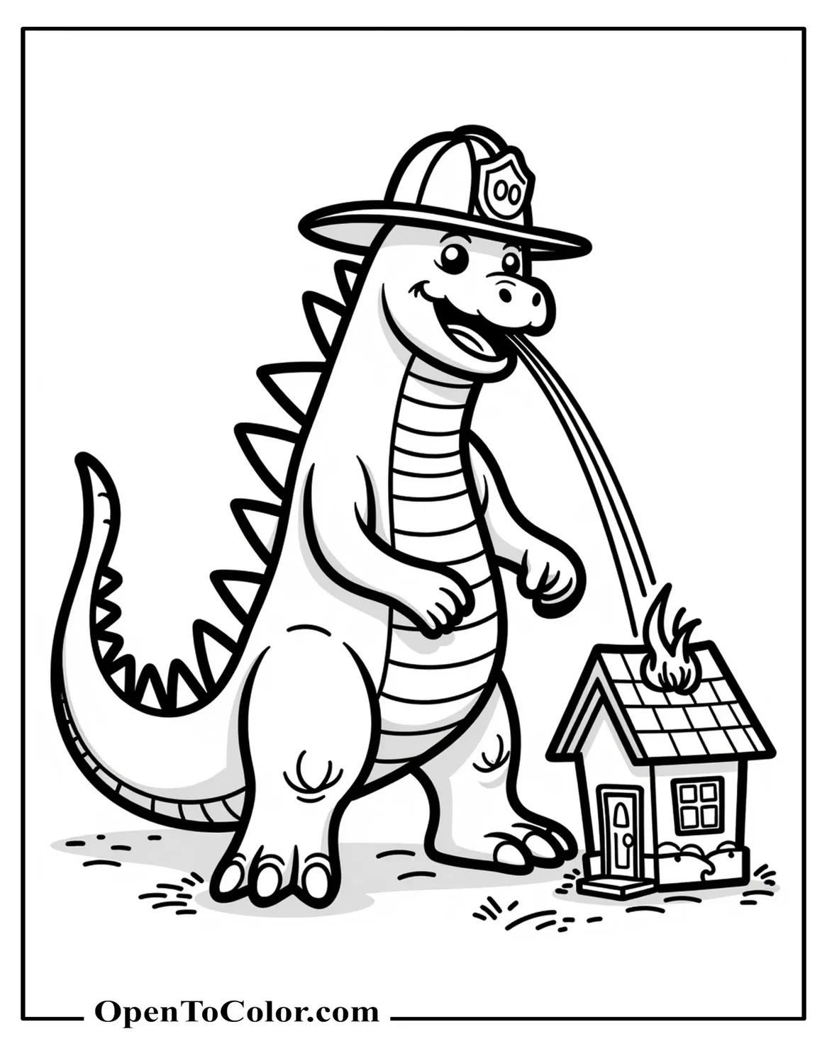 Cartoonish Godzilla Wearing A Firefighter Hat Spraying Water On A Tiny Burning House Coloring Page PDF