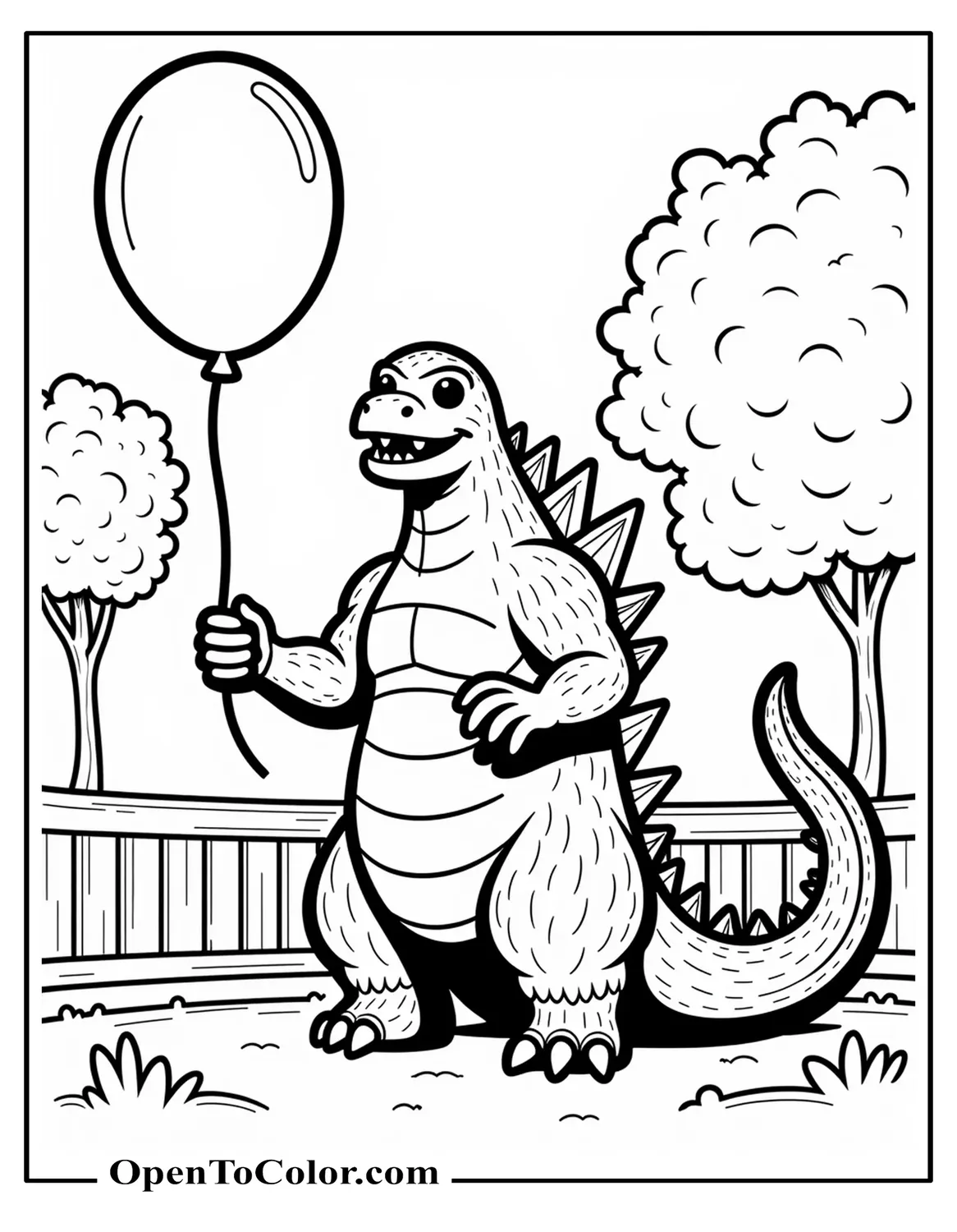 Free Funko Pop style Godzilla holding a balloon in a park coloring page