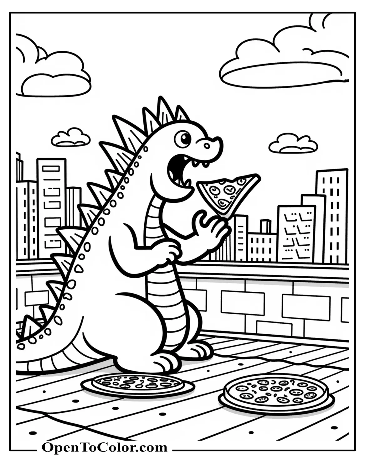 Printable coloring sheet of cartoon Godzilla eating a giant slice of pizza during a rooftop picnic.