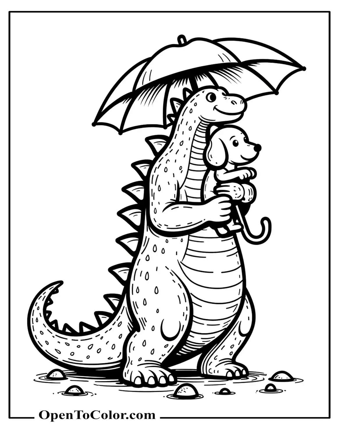 Coloring Sheet PDF of Godzilla Holding an Umbrella, Shielding a Puppy from Falling Debris