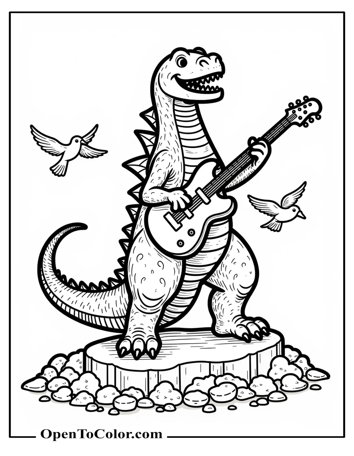 Smiling Godzilla playing guitar atop rubble while birds listen, printable coloring sheet.
