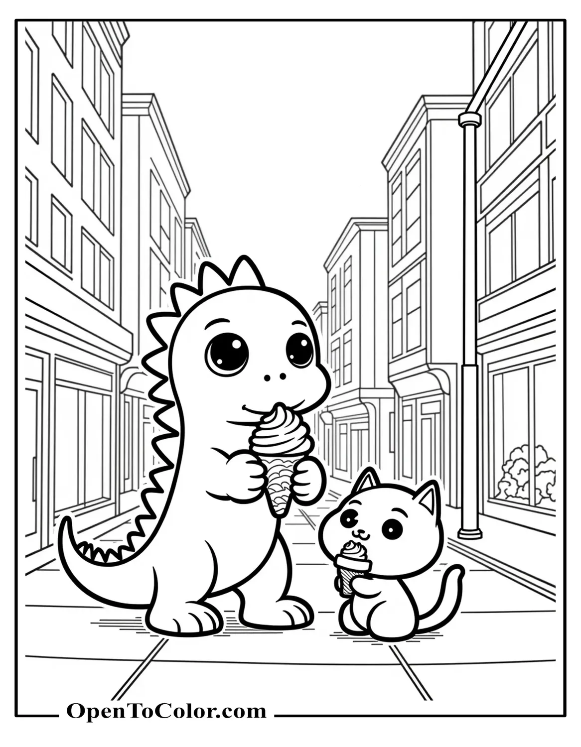 Printable Chibi Godzilla sharing ice-cream with a scared kitten on a city sidewalk coloring sheet.