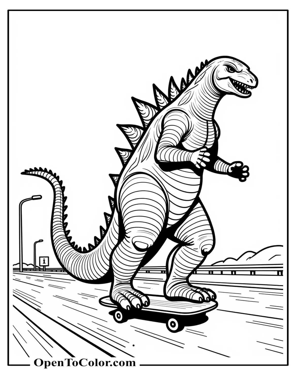 Coloring Page PDF of Godzilla Riding a Skateboard Down an Empty Highway, Tail Used for Balance