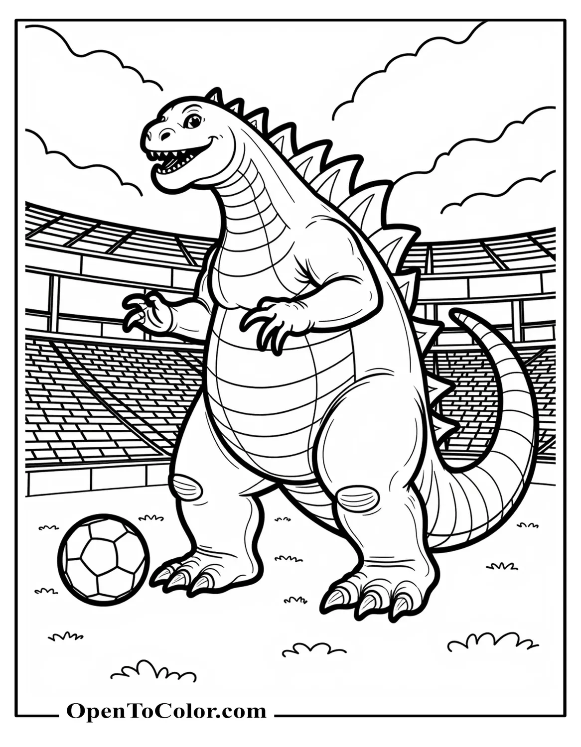 Godzilla playing soccer with an oversized meteor ball in an empty stadium coloring page printable.