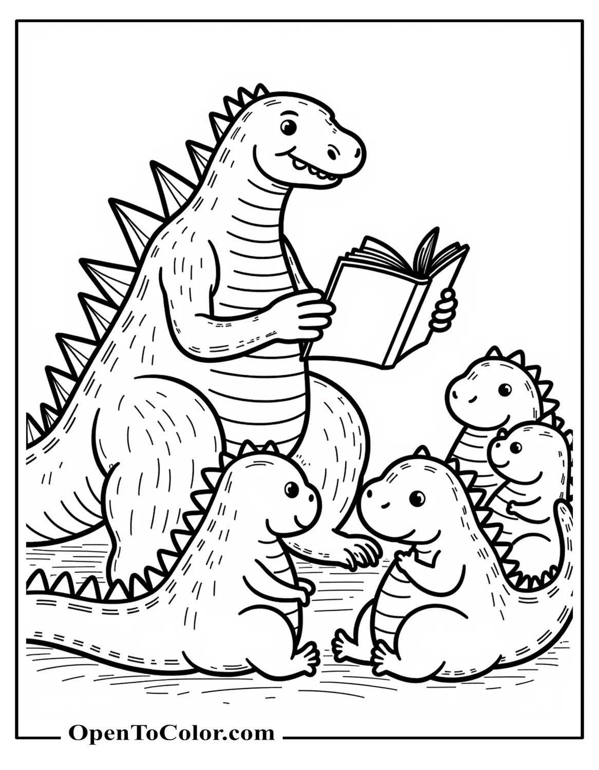 Godzilla Reading a Storybook to a Circle of Plush Monster Toys Coloring Sheet PDF