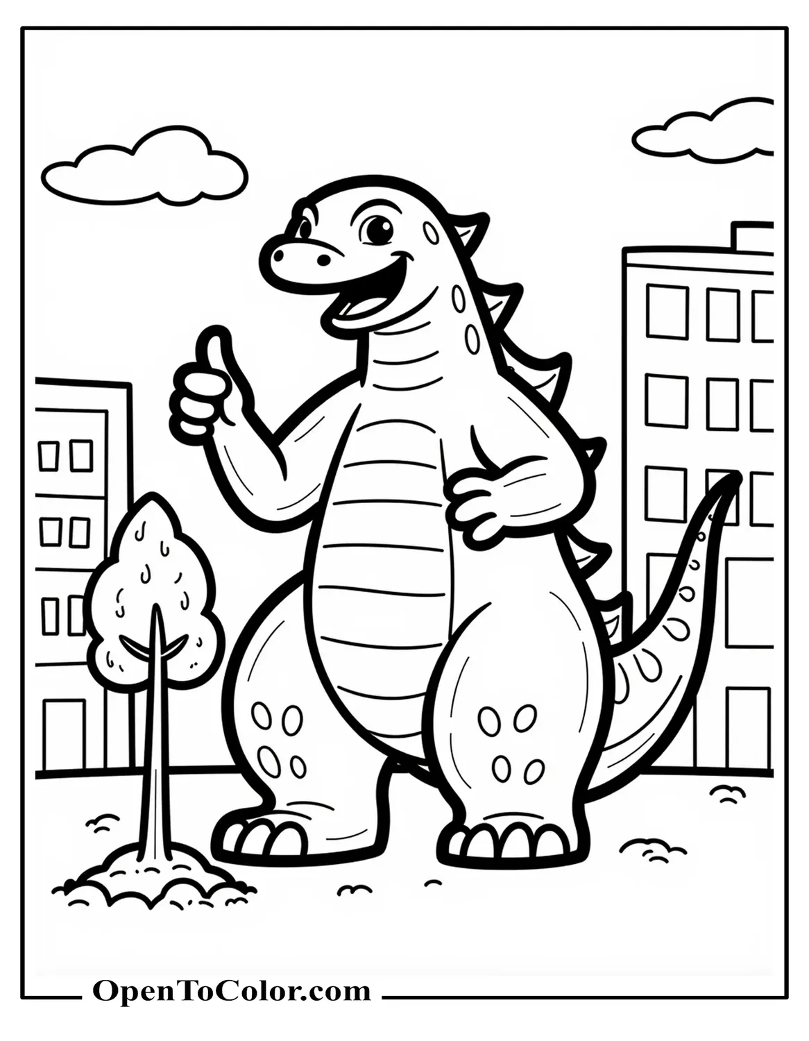 Free Cartoonish Godzilla Giving A Thumbs-Up While Planting A Tree In A City Square Coloring Sheet