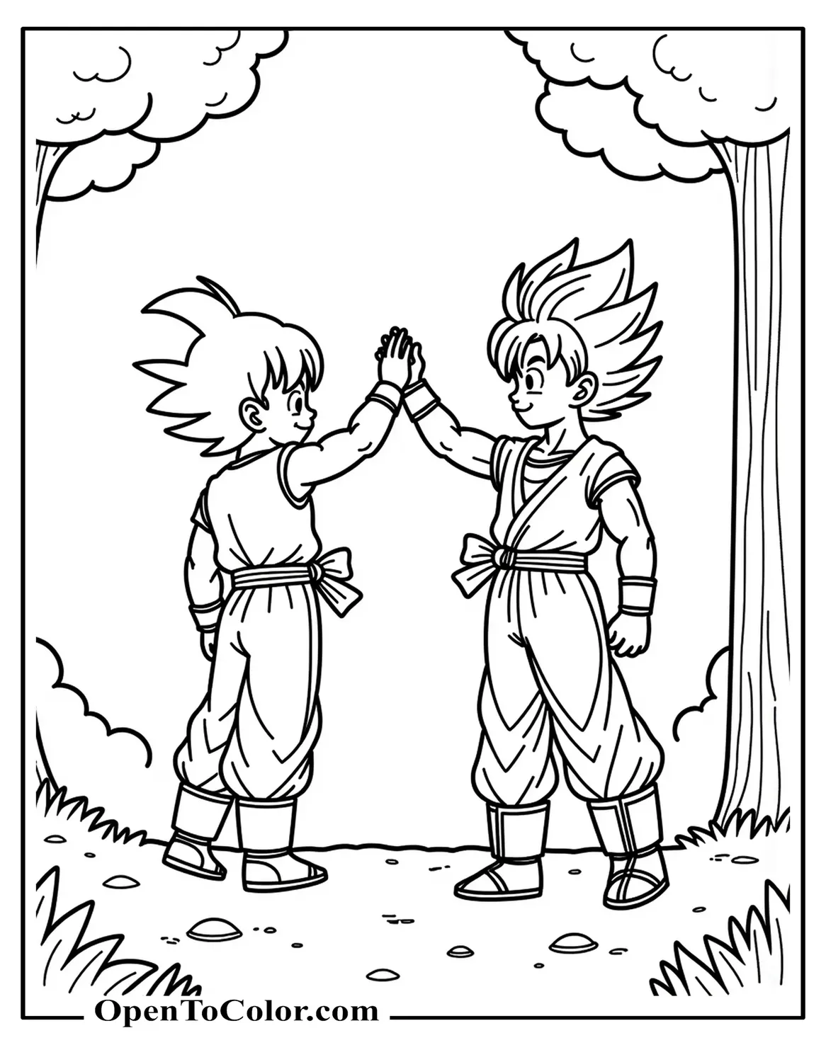 Goku and Gohan Coloring Page, High-Five Over Forest Clearing, PDF