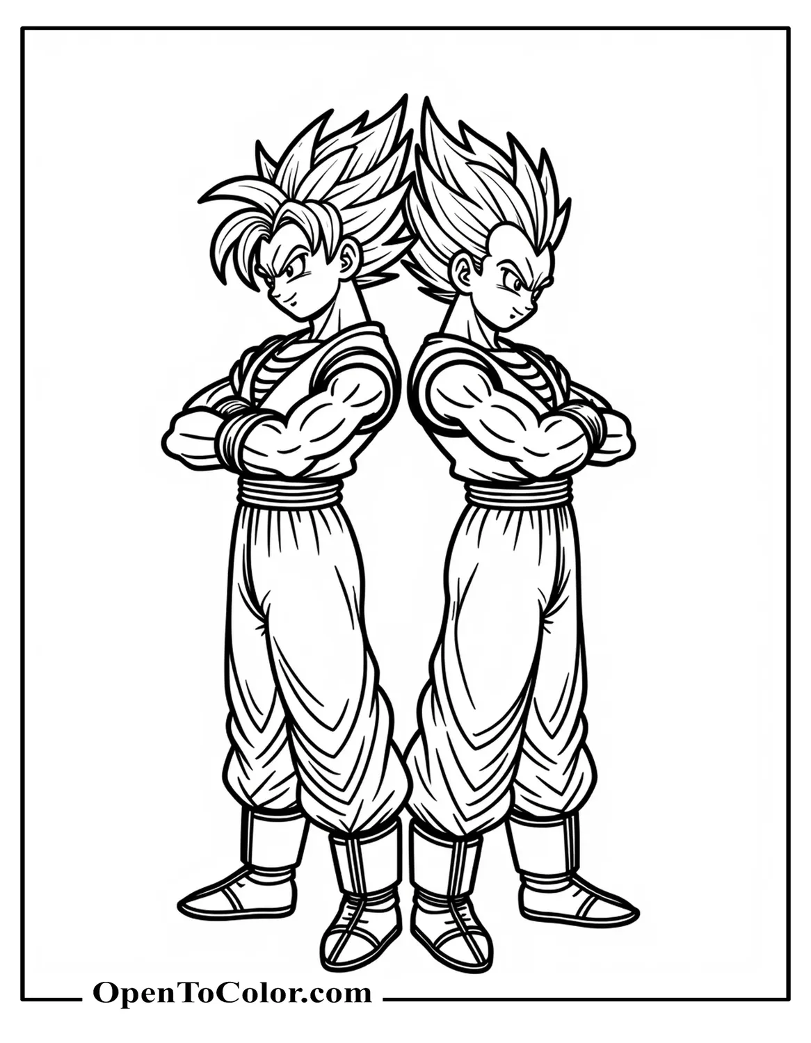 Goku and Vegeta back-to-back in fighting poses, energy auras, coloring sheet PDF.
