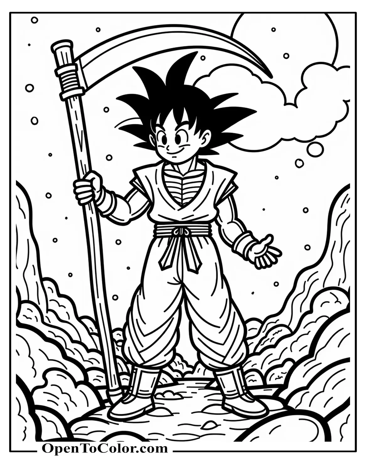 Free Coloring Sheet of Goku Black with Scythe of Dark Energy, Moonlit Night Sky