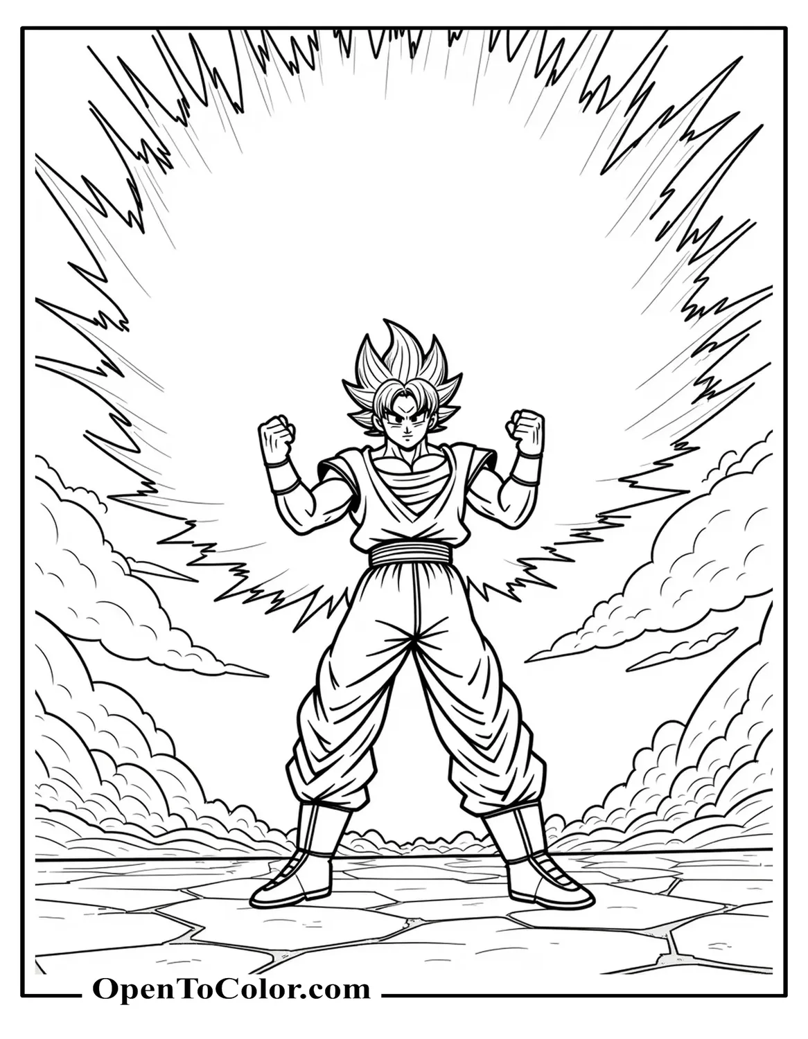 Goku Gathering Energy With Both Palms, Swirling Dust Coloring Page PDF
