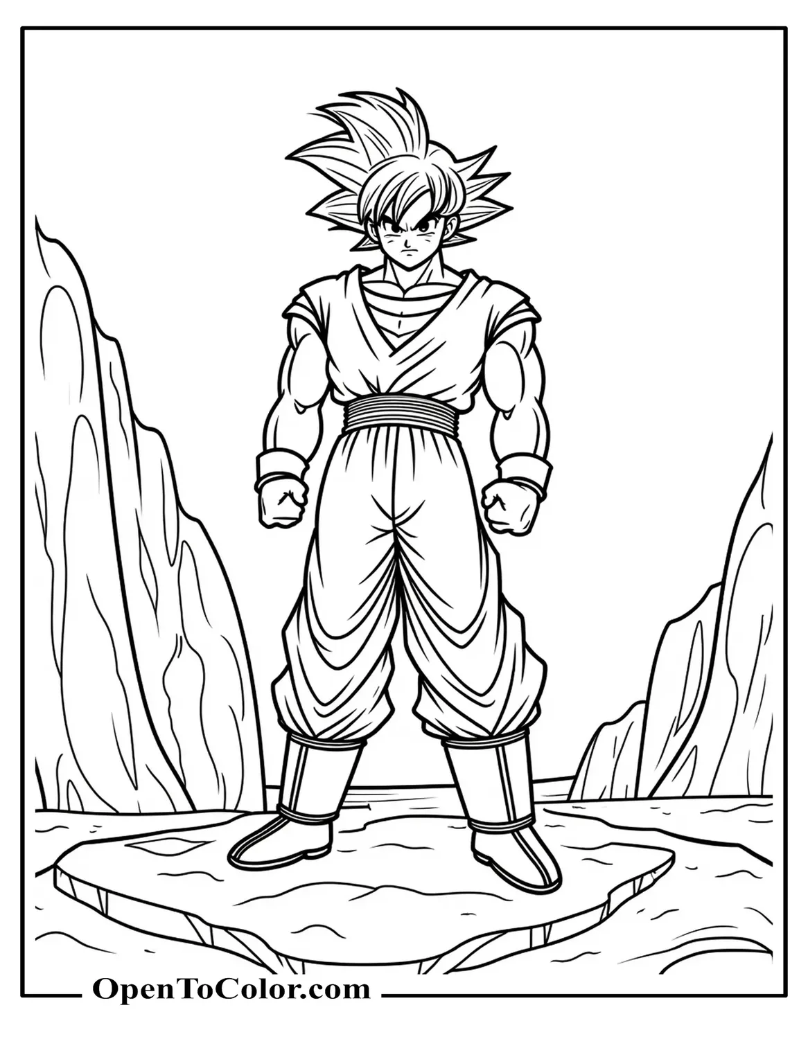 Goku standing on rocky cliff, fists clenched, wind whipping his gi, coloring page PDF.