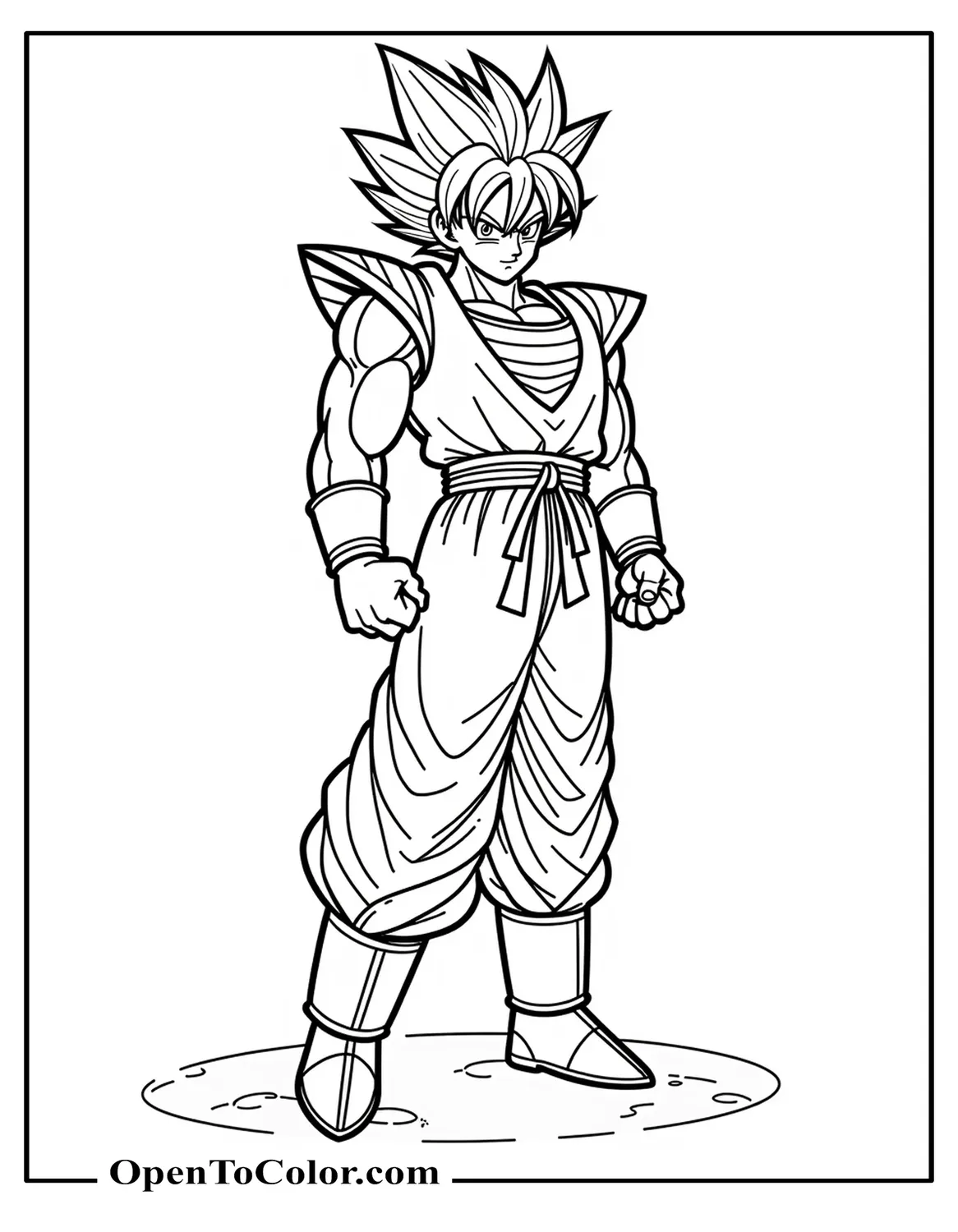 Goku ready to fight in classic Dragon Ball Z armor, barren wasteland, printable coloring sheet.