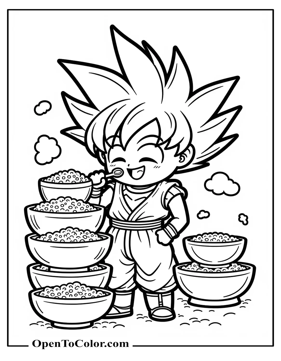 Chibi Style Goku Happily Eating Towering Stack Of Rice Bowls, Printable Coloring Page