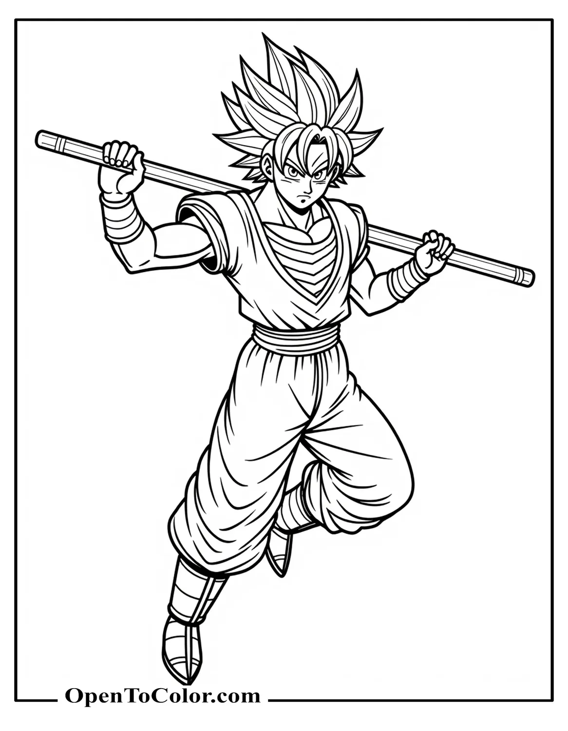 Free Coloring Sheet: Goku Holds a Power Pole Behind His Shoulders