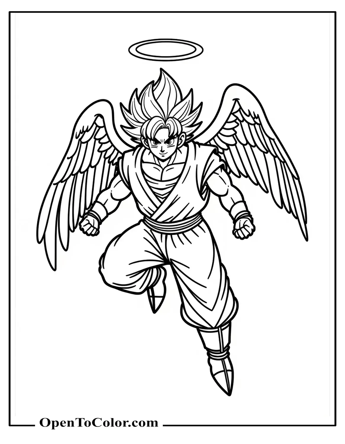PDF Coloring Page of Friendly Goku Flying With Detailed Angel Wings and Aureola Above His Head