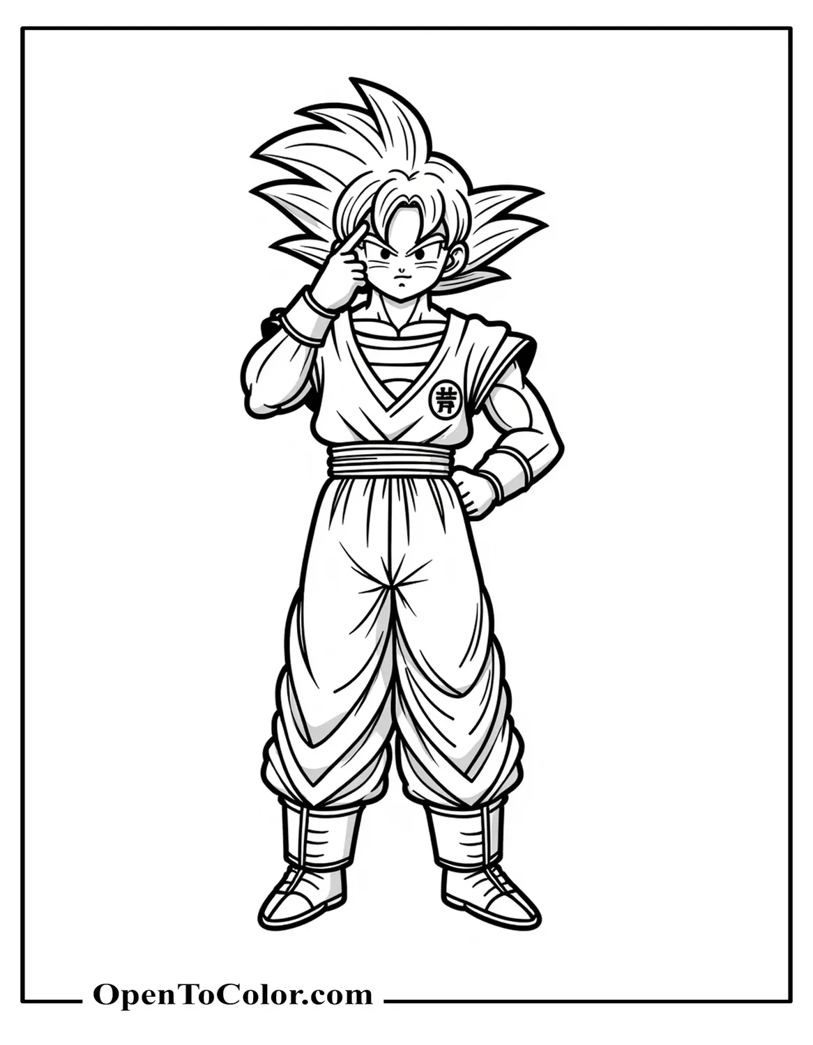 Goku in Instant Transmission Teleport Stance, Two Fingers on Forehead, Coloring Sheet PDF