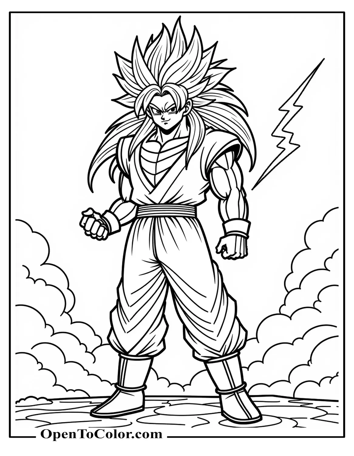 Super Saiyan 3 Goku Coloring Page, Printable, Long Flowing Hair, Thunder Clouds, Determined Face