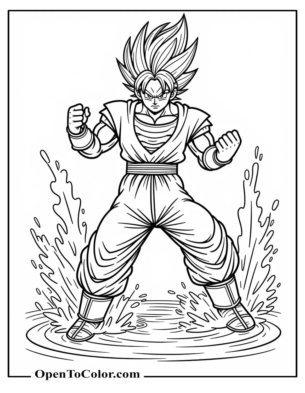 Super Saiyan Blue Goku Charging Power, Ocean Waves Beneath, Printable Coloring Sheet