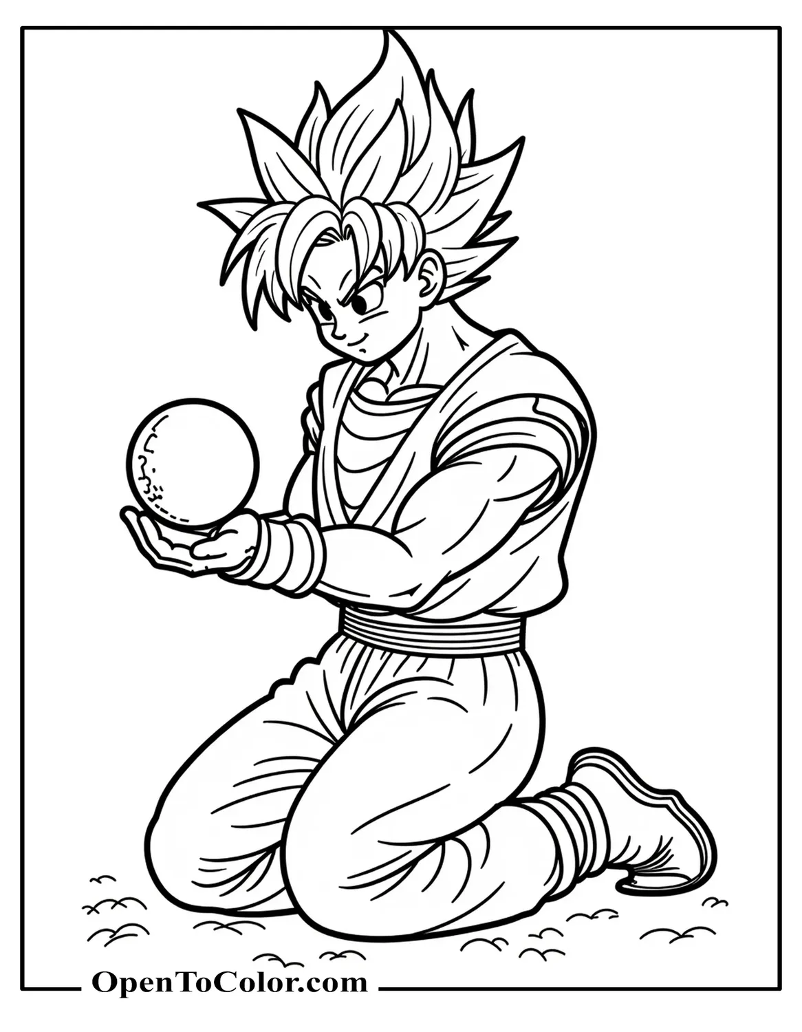 Coloring Page of Goku Kneeling on Grass, Offering Small Dragon Ball in Open Palm, Printable