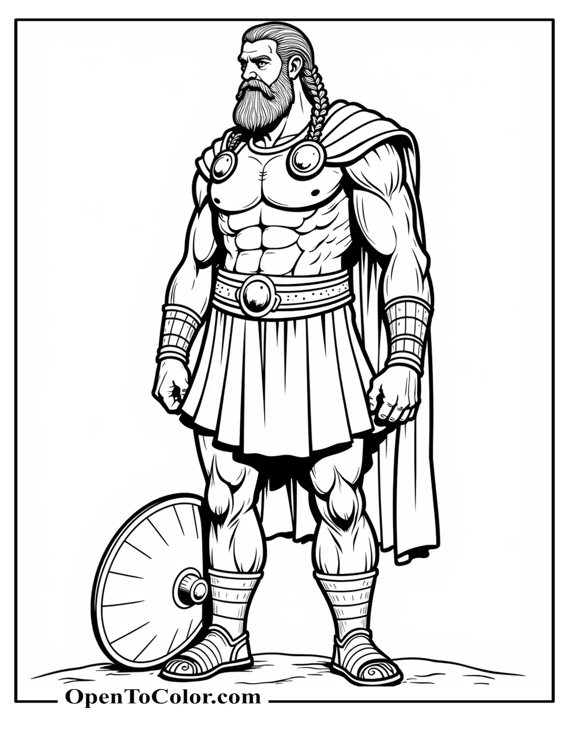 Free Coloring Page of Goliath Standing Solo—Gigantic Warrior With Braided Dark Beard, Bronze Greaves, Round Shield Resting on Ground