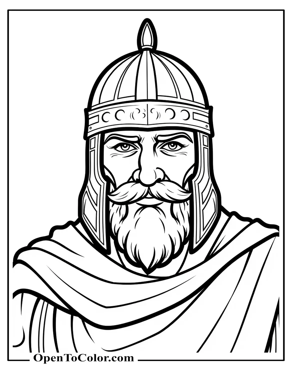 Close portrait coloring sheet: Goliath’s deep-set hazel eyes beneath dented bronze helmet, PDF.
