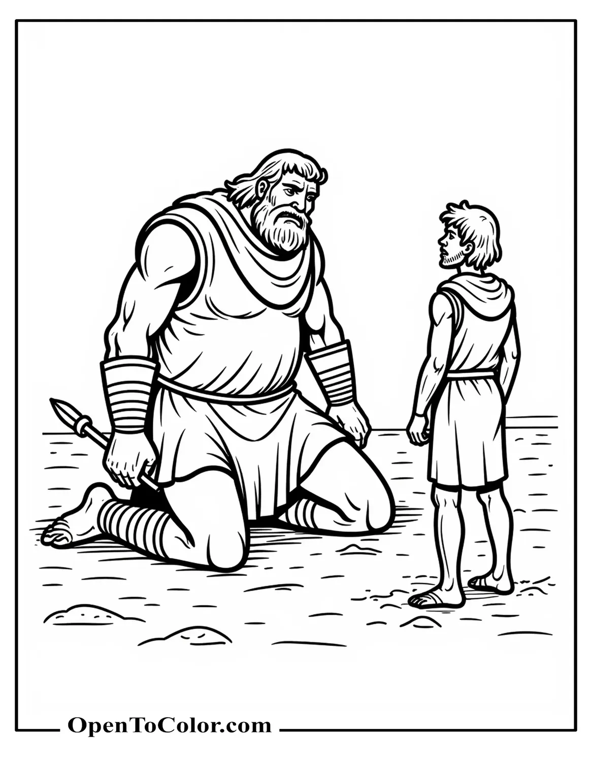 Goliath giant fell on his knee, scared emotion in face, printable coloring sheet.