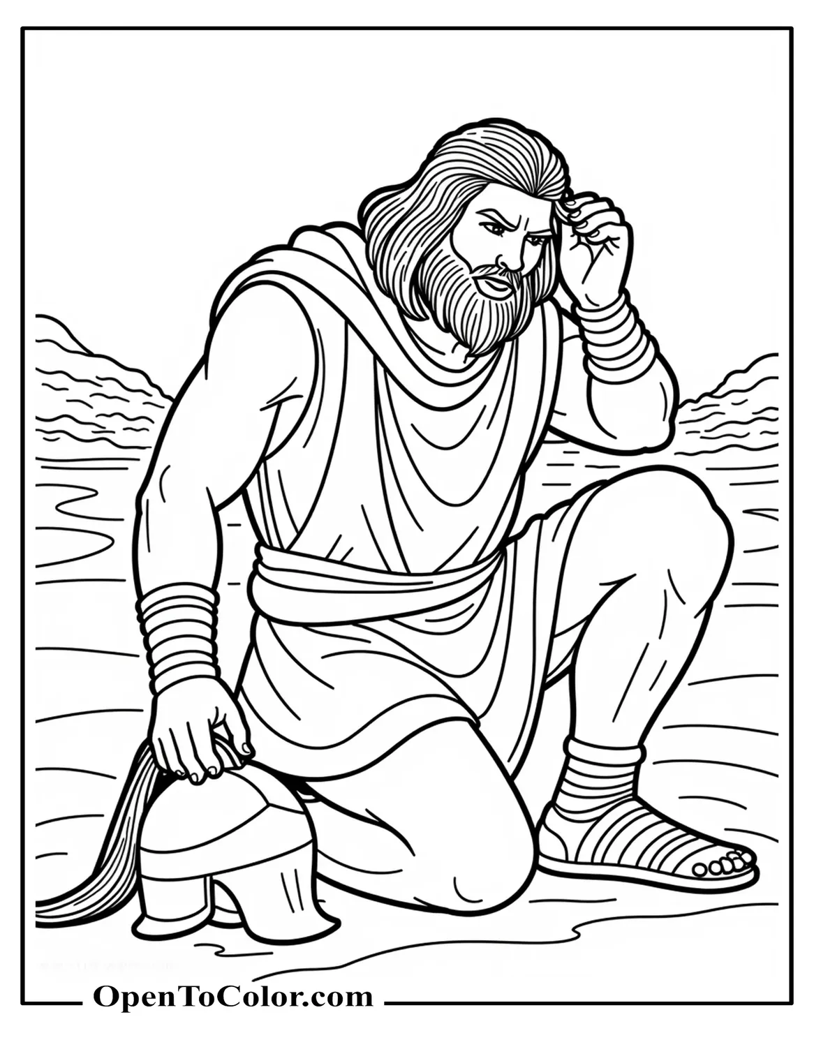 Free coloring page of Goliath brushing his long black hair beside fallen helmet, distant desert hills in background.