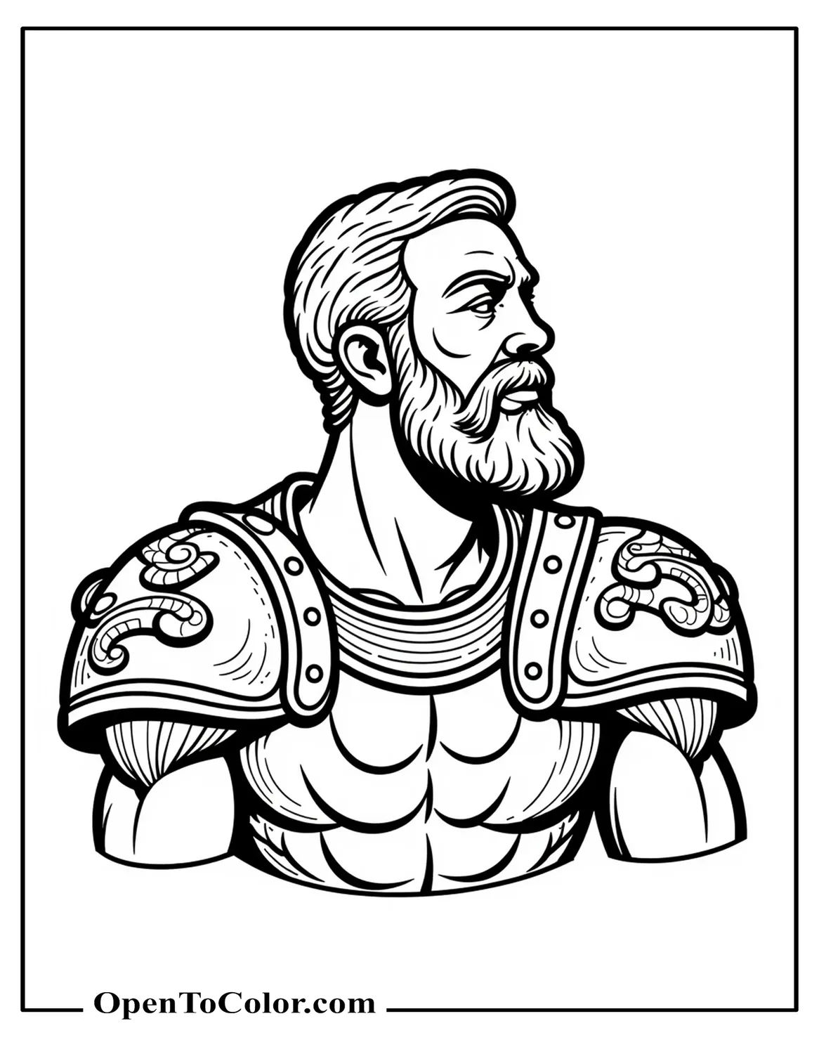 Free Coloring Sheet: Bust of Goliath—Dark Olive Skin Tone, Muscular Shoulders, Snake-Pattern Bronze Pauldrons