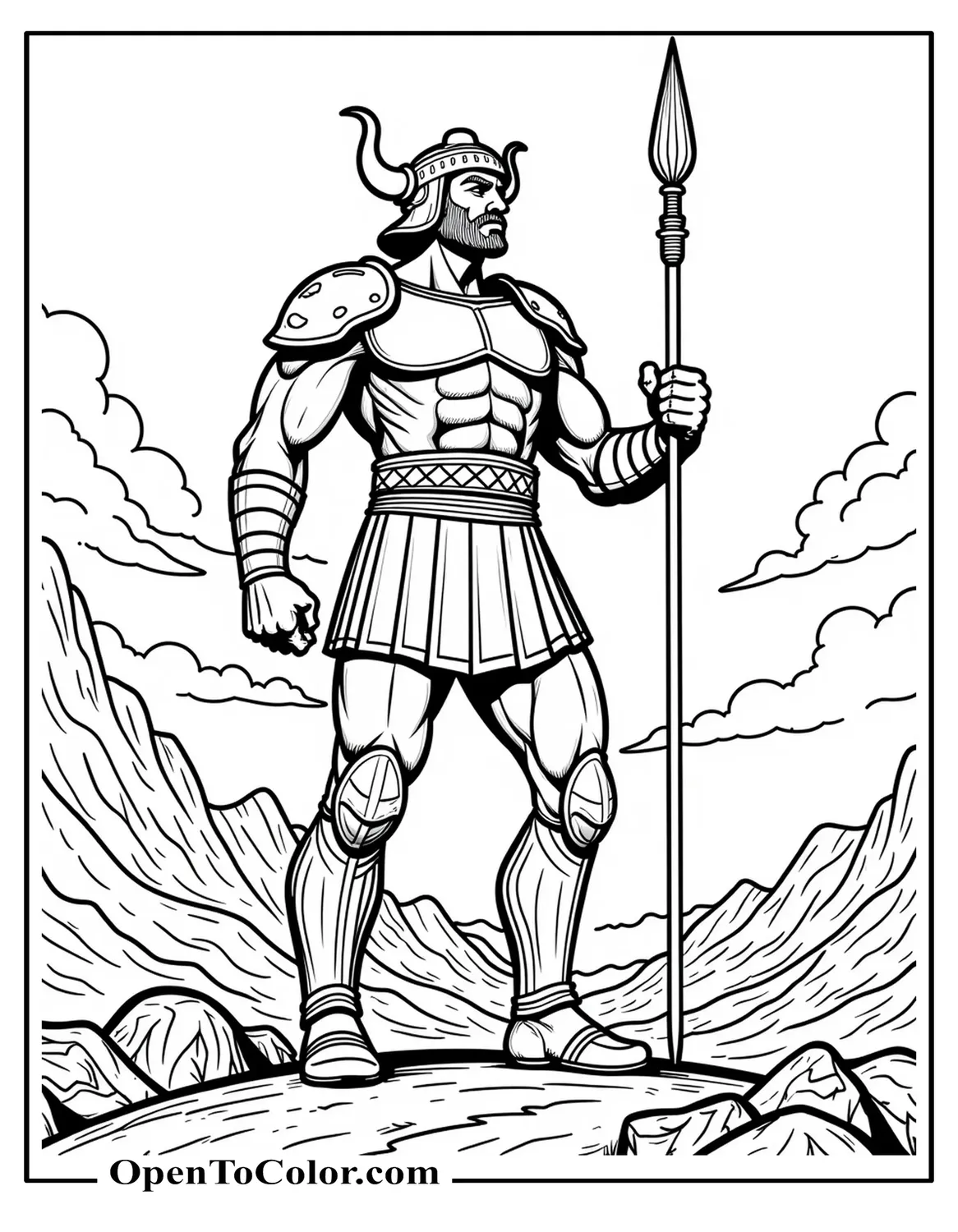 Free Coloring Page of Goliath Heroic Stance—Full Bronze Armor, Horned Helmet, Spear Planted, Mountainous Background