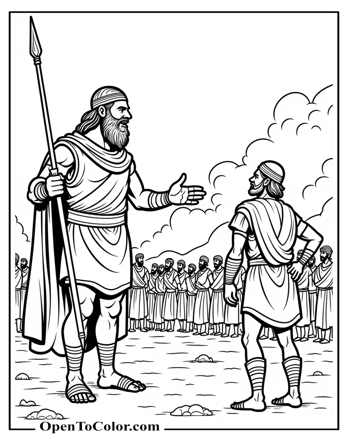 Coloring page of Goliath shouting at cowering Israelite line—giant with bronze javelin, distant banners, printable.