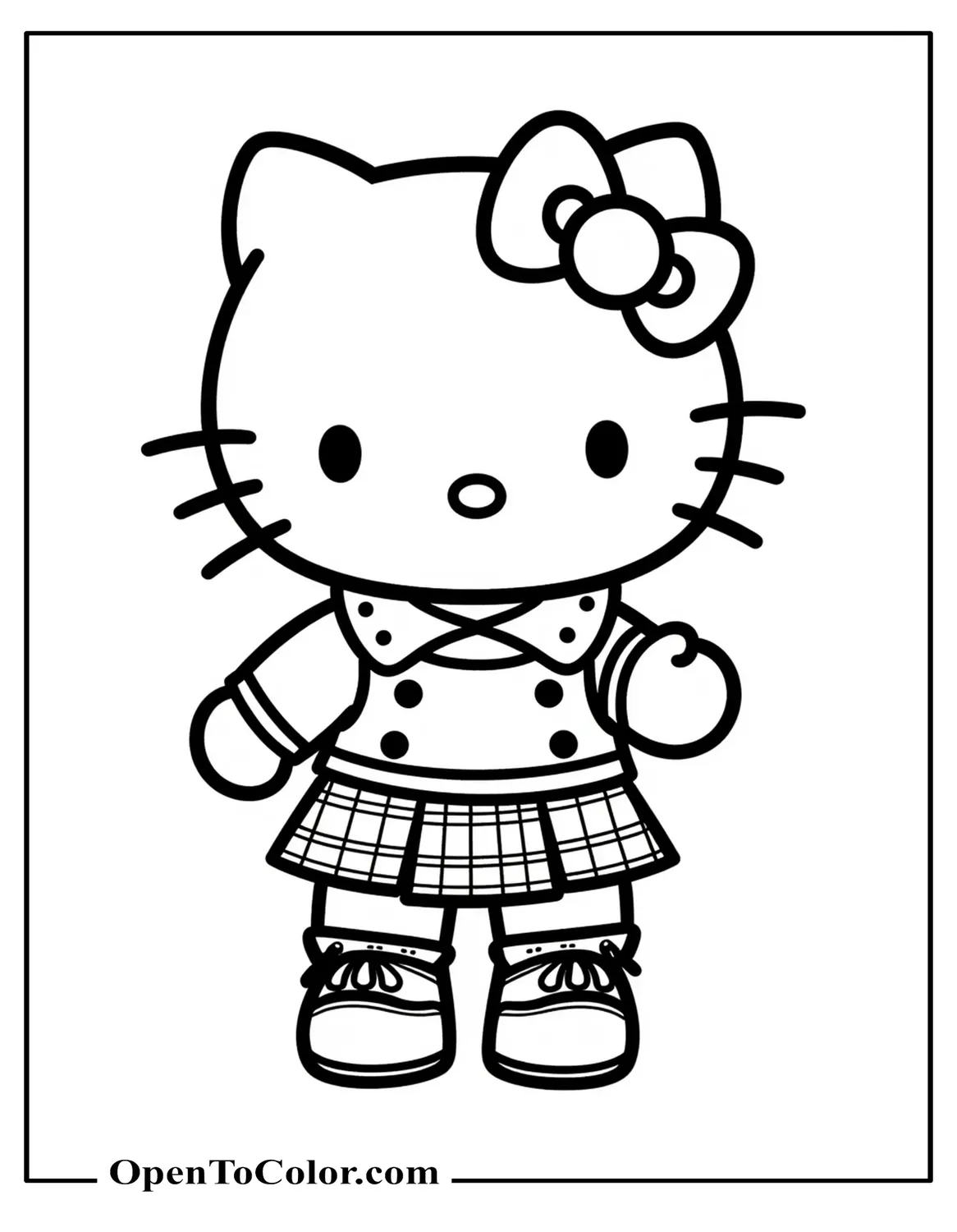 Hello Kitty in Plaid Skirt, Spiked Collar, Black Lipstick, Goth Punk Style Coloring Sheet Printable