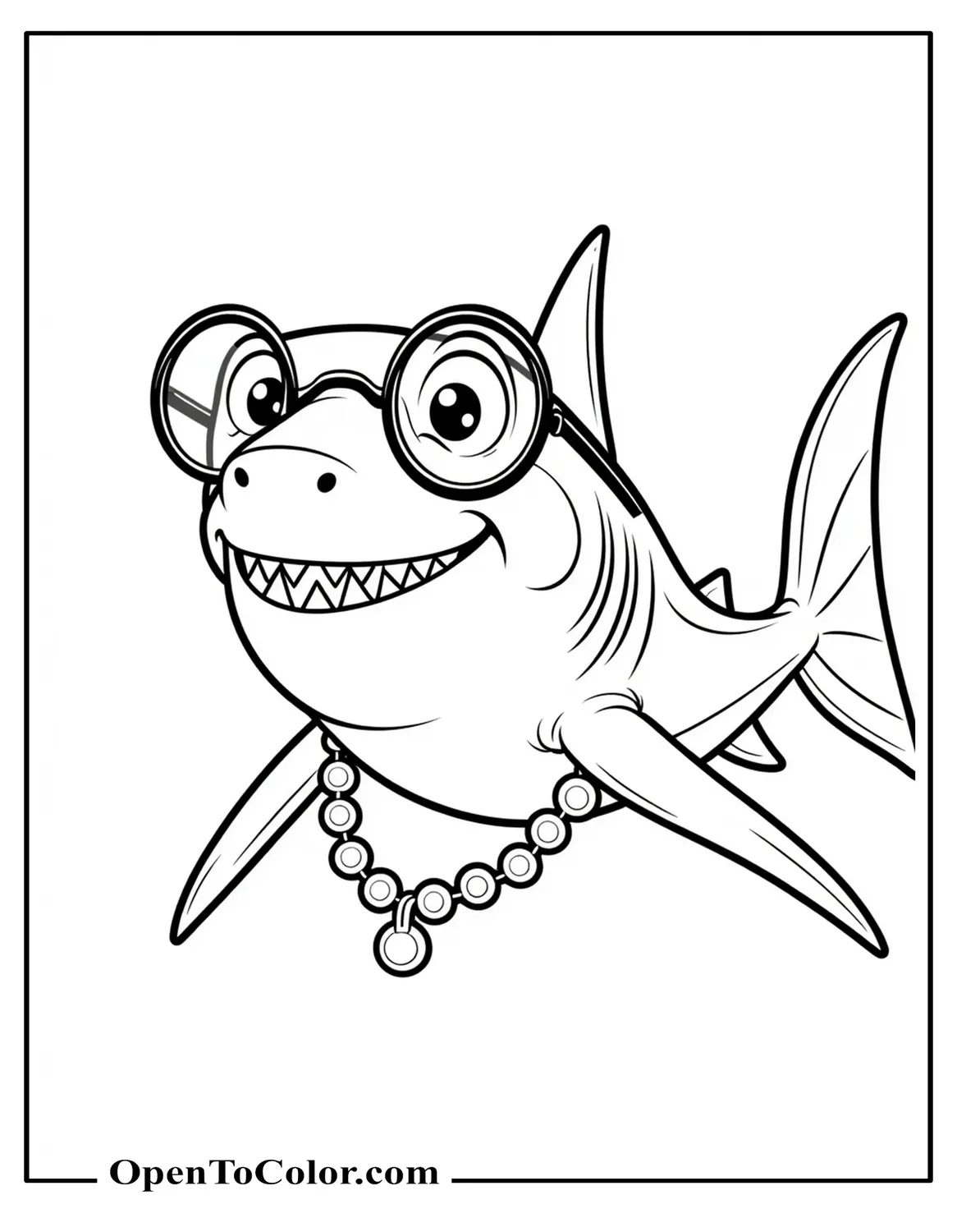 Free Coloring Sheet of an Elderly Shark Wearing Round Glasses and Pearl Necklace