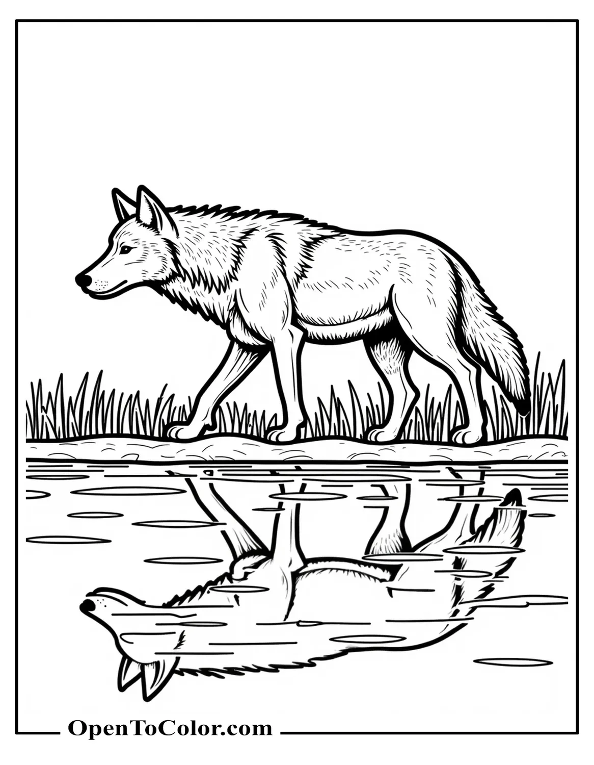 Gray Wolf Trotting Along Riverbank With Reflection In Water Coloring Page PDF