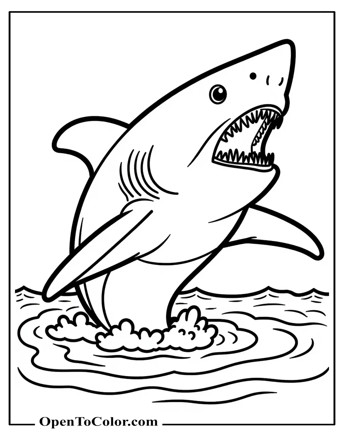 Free Coloring Page of Great White Shark Breaching Water With Open Mouth