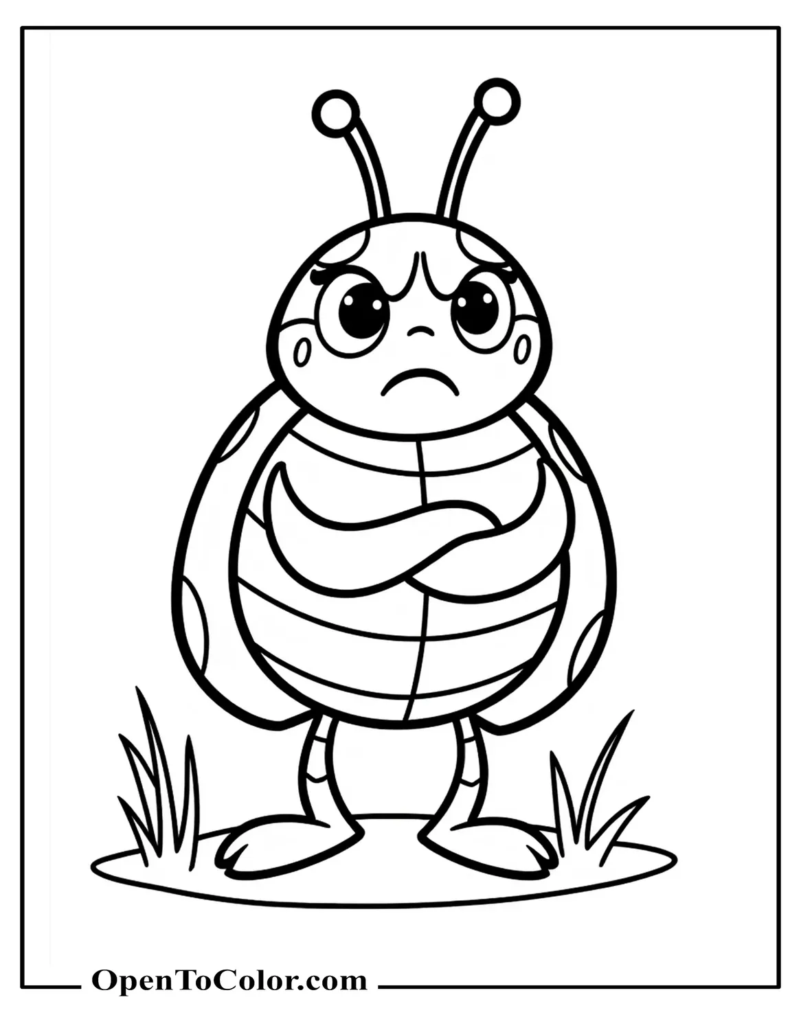 Free Coloring Page of Grouchy Ladybug Crossing Its Arms and Frowning