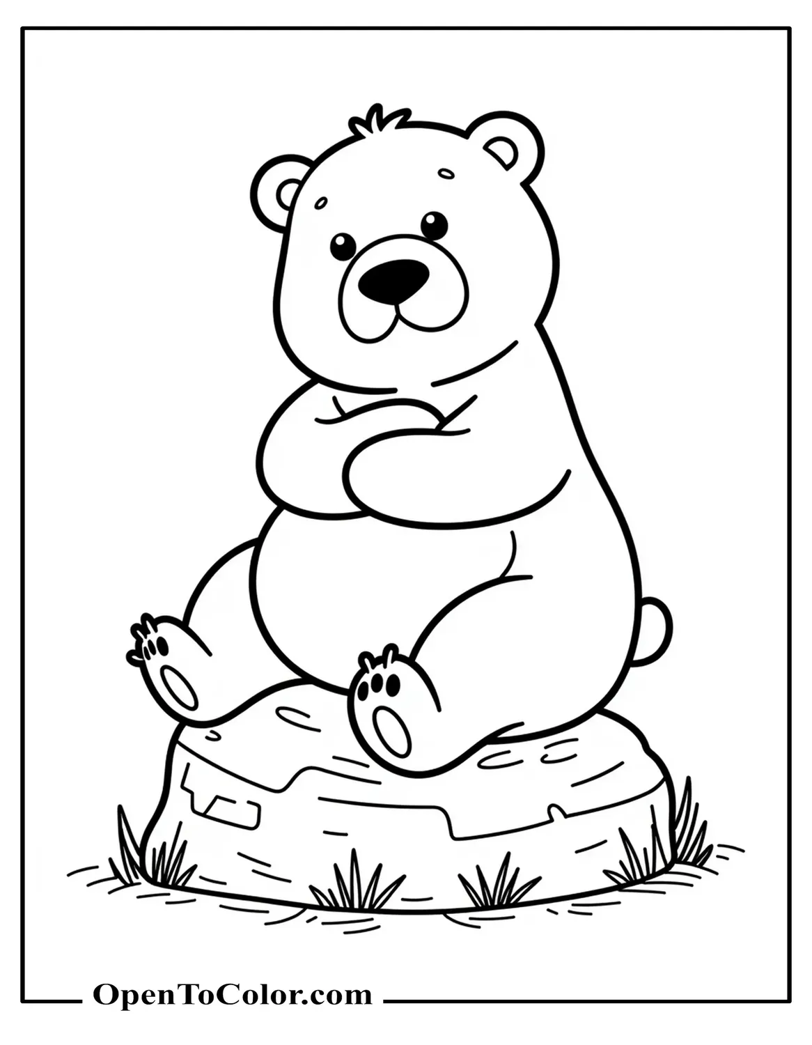 Bear With Crossed Arms And Furrowed Brow Sitting On A Rock Coloring Page Printable