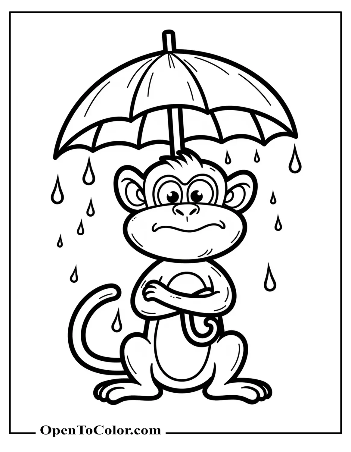 Free Grumpy Monkey Coloring Sheet Crossing Arms Beneath Dripping Leaf Umbrella