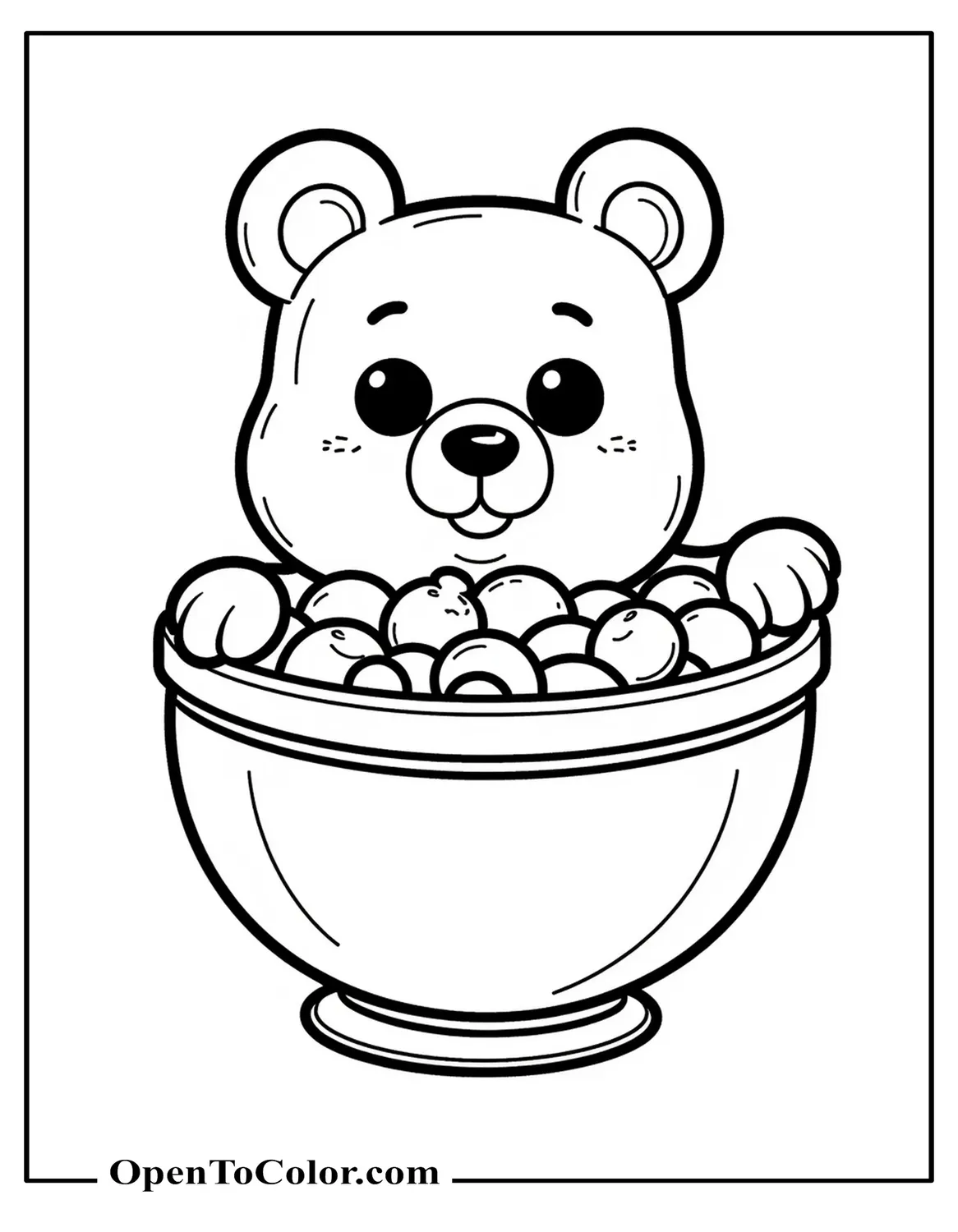 Single Gummy Bear Character Lounging in a Candy Bowl Funko Pop Style Coloring Sheet PDF
