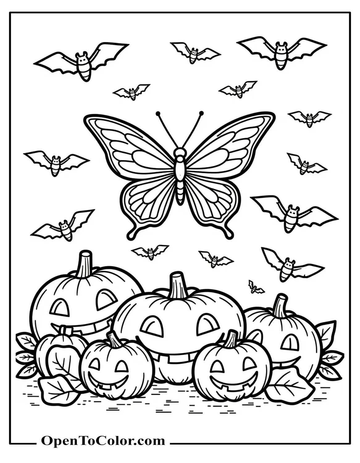 Butterfly Surrounded By Bats And Pumpkins For Halloween Coloring Page Printable