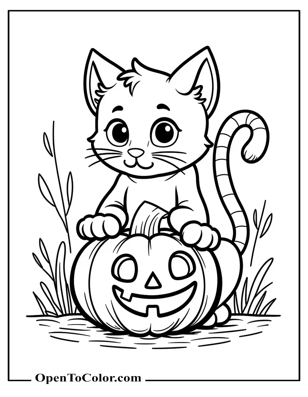 Free Coloring Sheet of Black Cat with Jack-O-Lantern and Spooky Background
