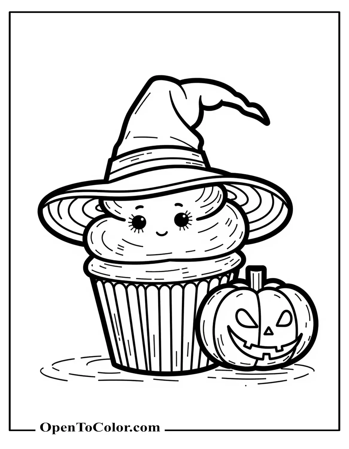 Free Halloween Cupcake Wearing A Witch Hat Beside A Jack‑O‑Lantern Coloring Sheet