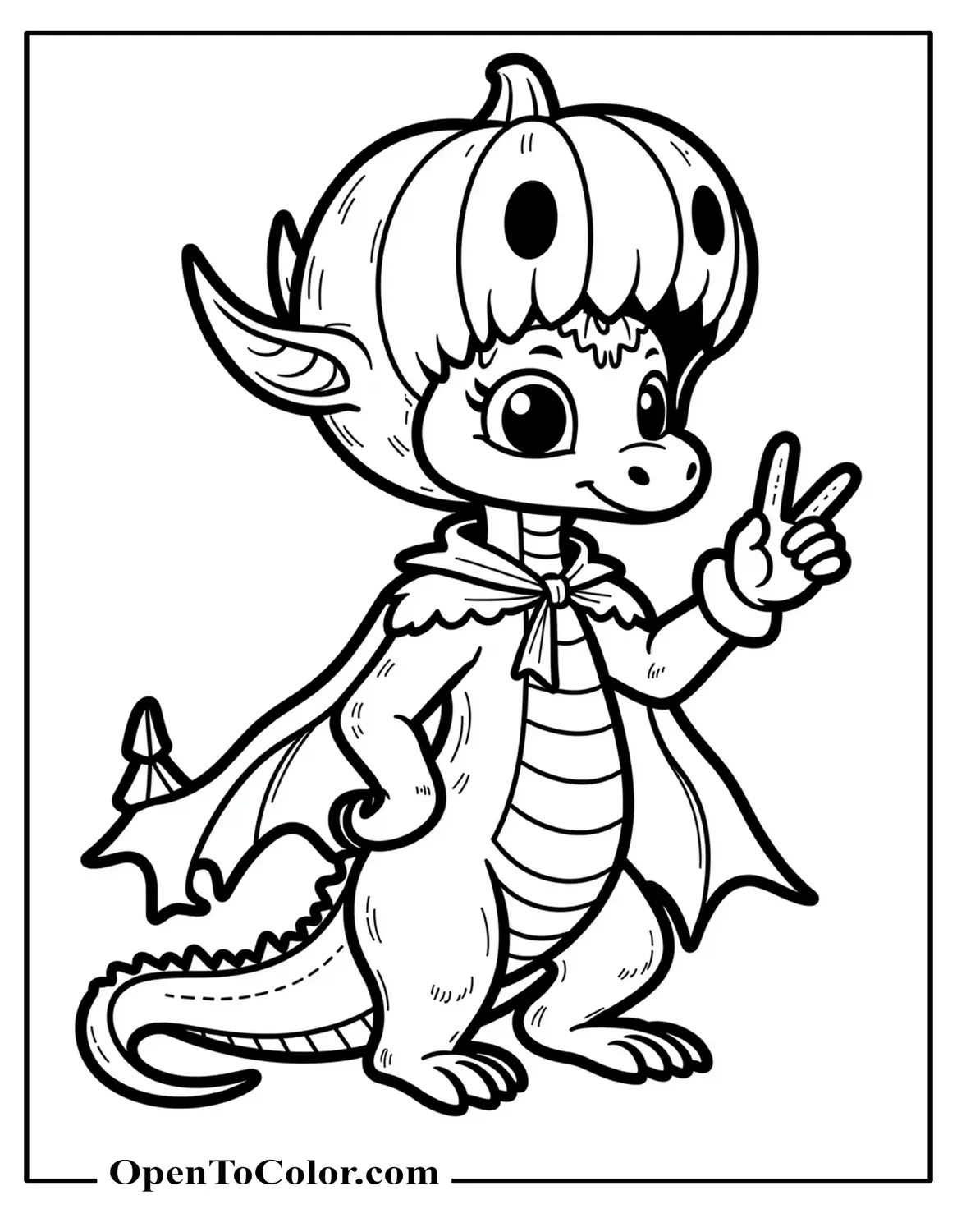 Free coloring page of a dragon wearing a Jack‑O‑Lantern helmet and tattered cape.