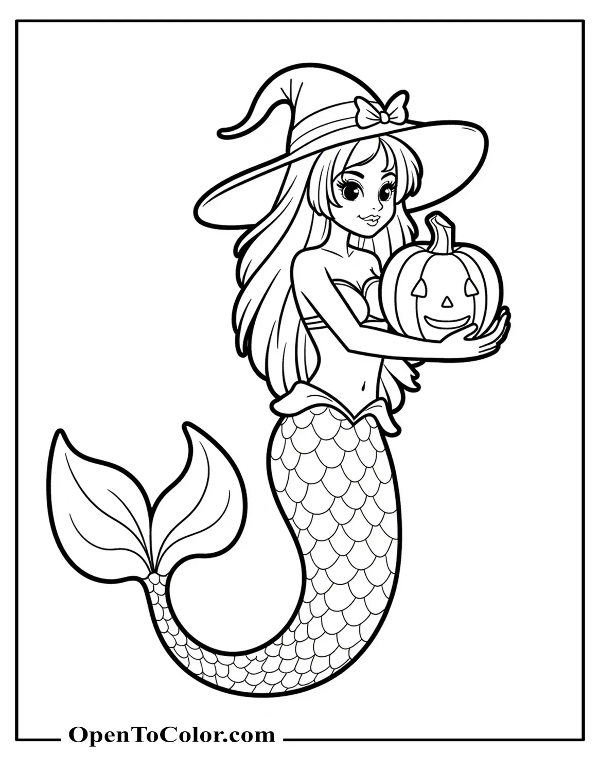 Free Coloring Sheet of a Mermaid Wearing Witch Hat Holding a Pumpkin