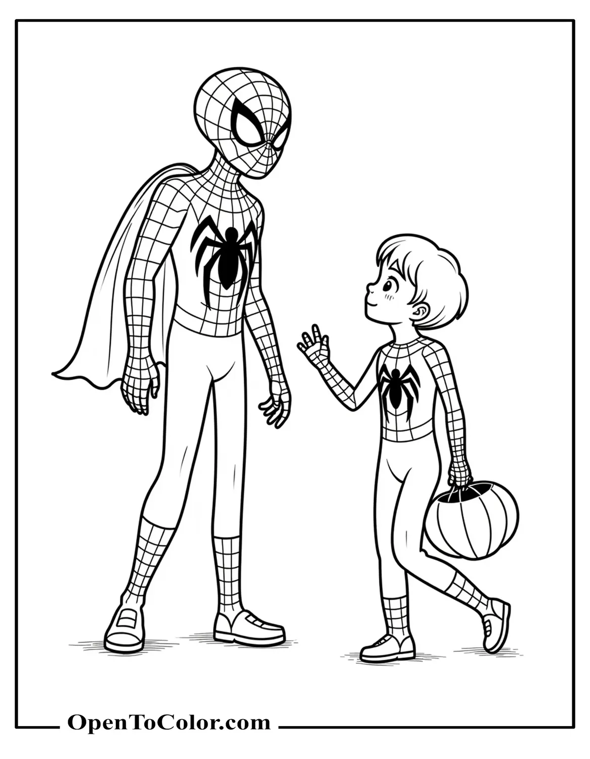 Free Spiderman Trick or Treating in Costume Coloring Page