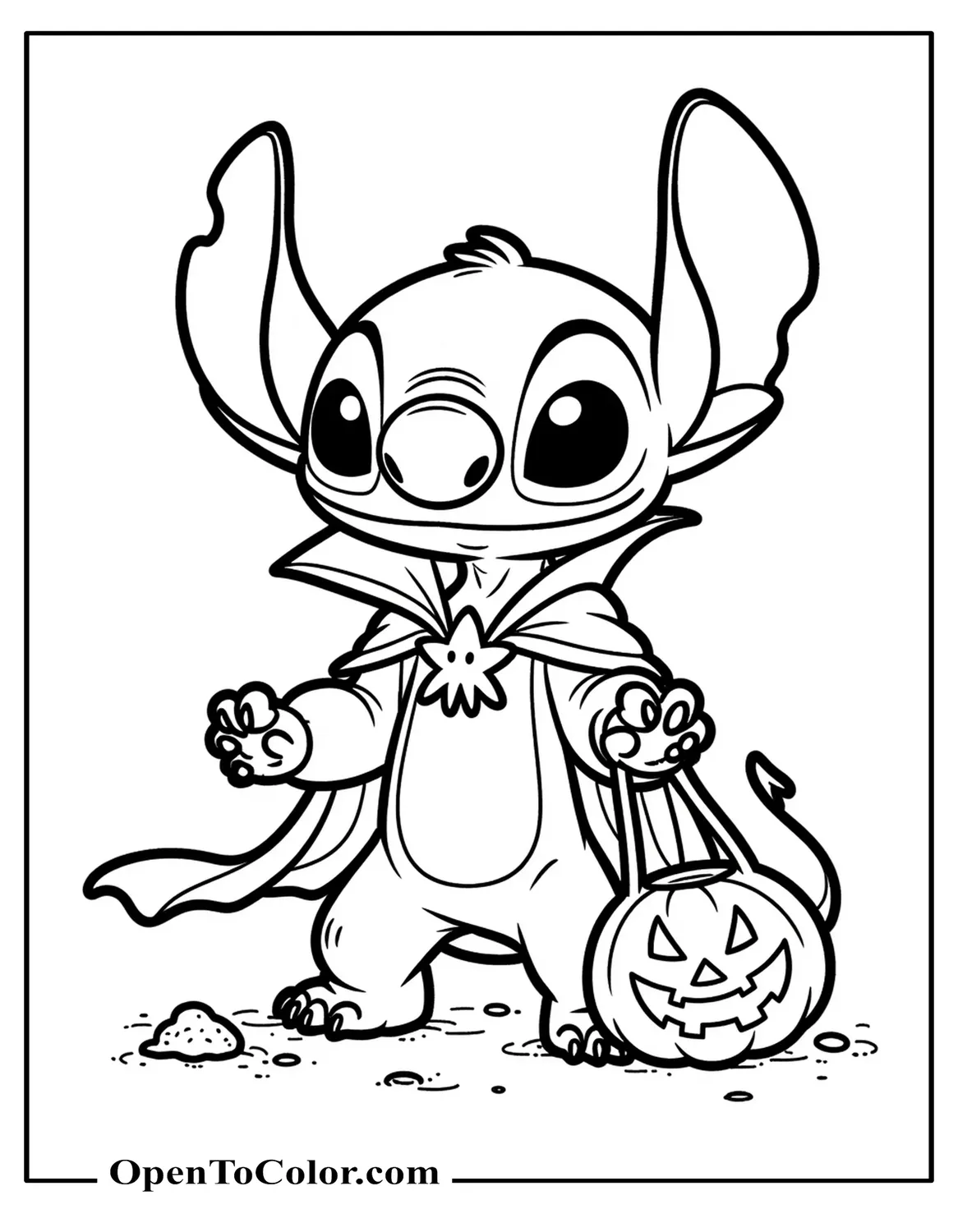 Stitch Dressed as a Vampire with Trick-Or-Treat Bag Coloring Page PDF