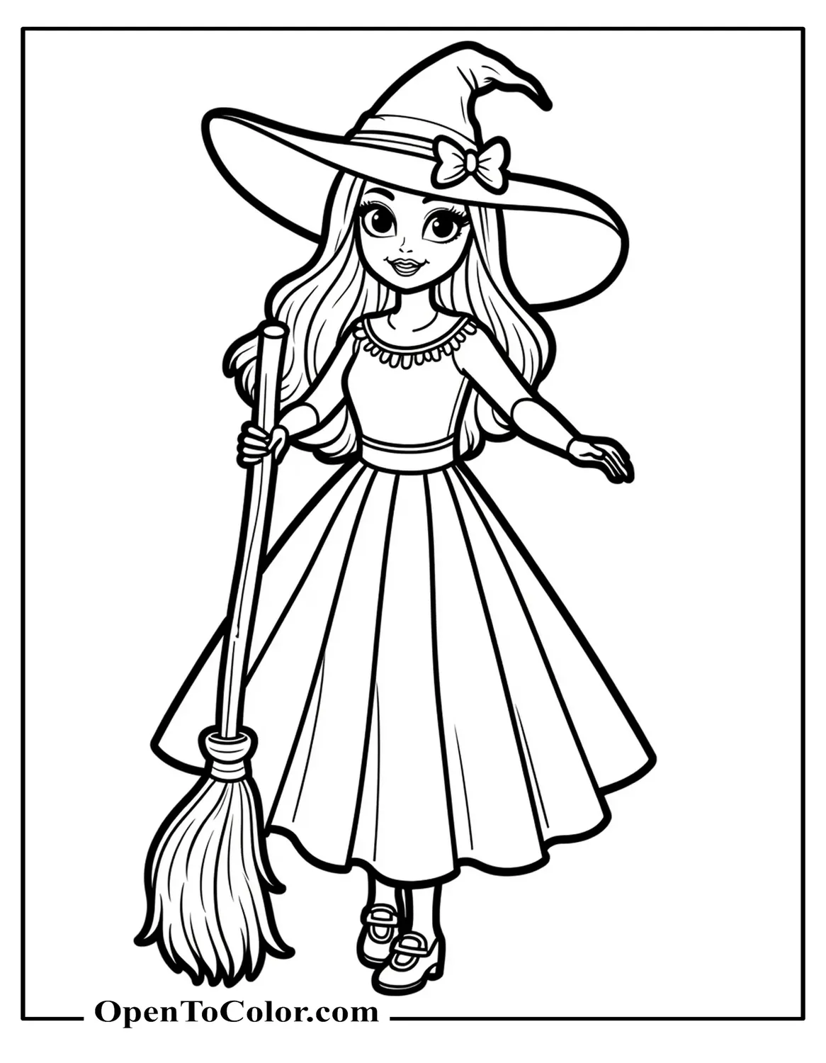 Barbie in a witch costume with hat and broomstick for Halloween coloring sheet printable