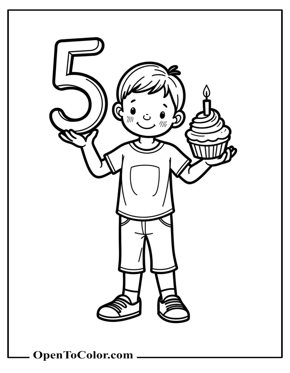 Child holding large number 5 balloon and a cupcake with candle, coloring sheet PDF.