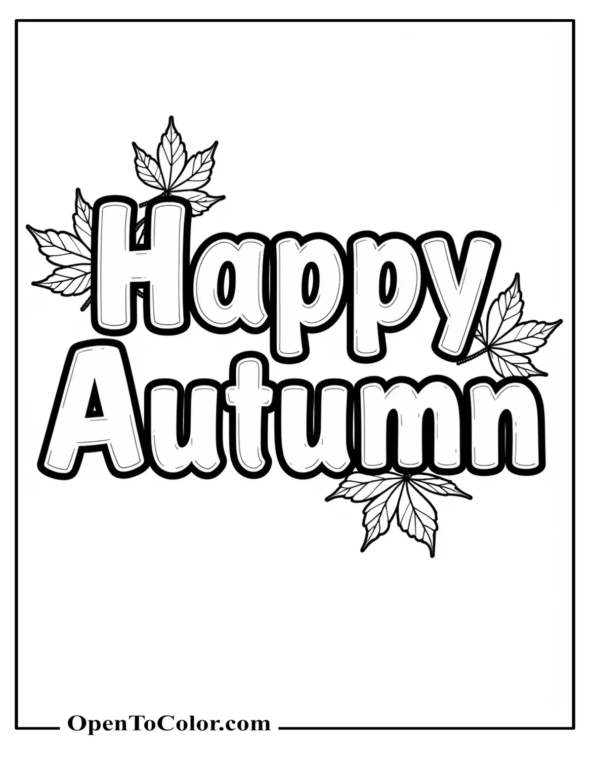 Bubble letters “Happy Autumn” coloring page PDF topped with small leaf accents